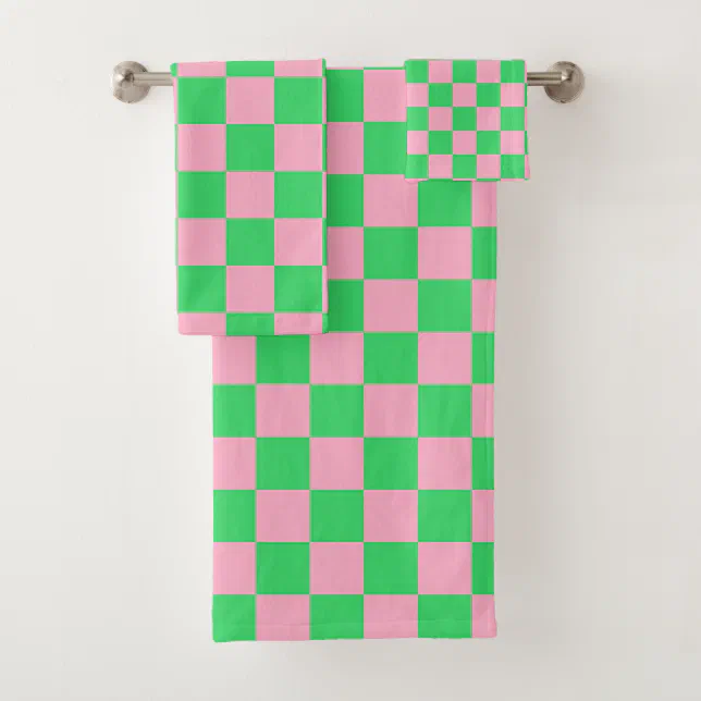 Checkered Green and Pink Bath Towel Set | Zazzle