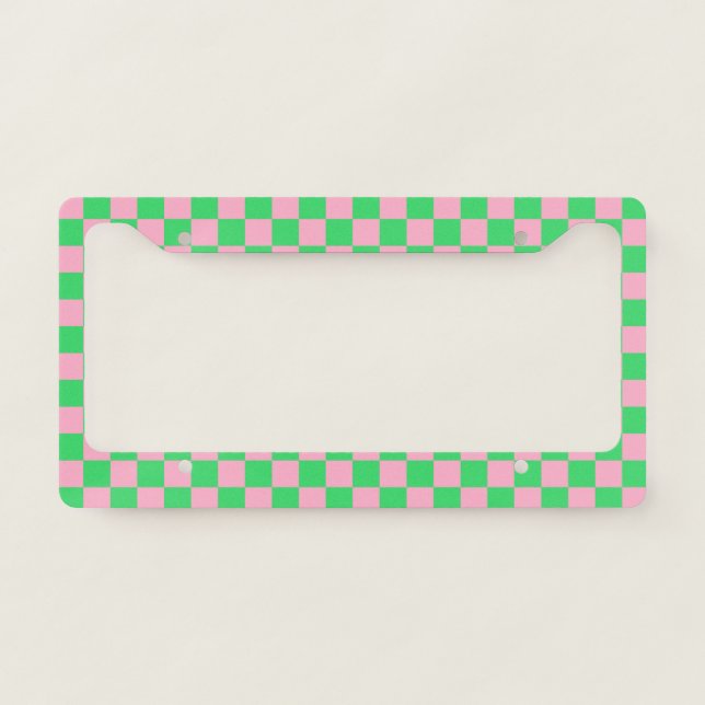 Checkered Green and Pink  License Plate Frame (Front)