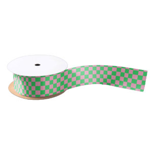 Checkered Green and Pink Satin Ribbon