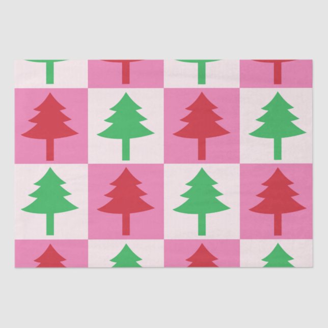 Checkered Green and Red Christmas Trees Pattern  Tissue Paper (Front)