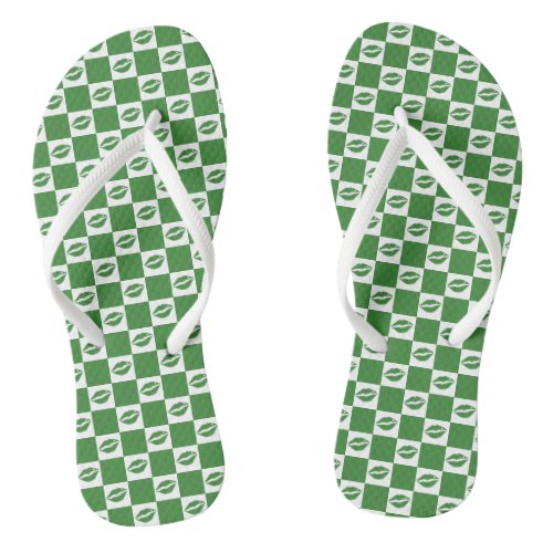 Checkered Green and White Lips Clover Pattern Flip Flops