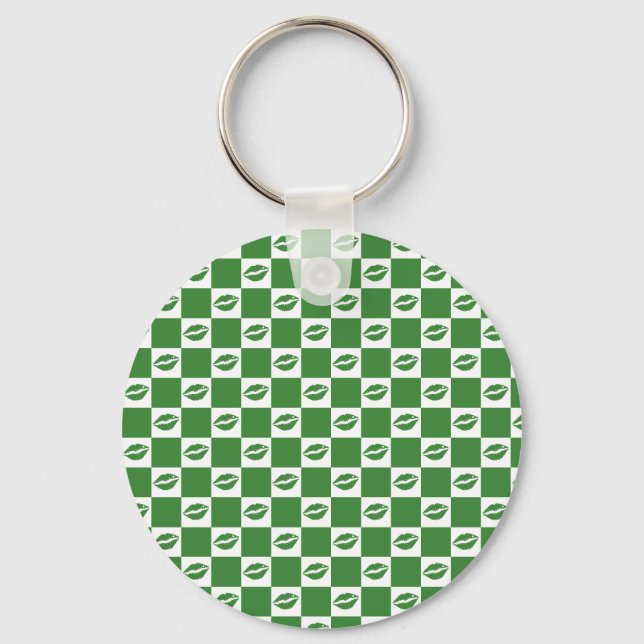 Checkered Green and White Lips Clover Pattern Keychain (Front)