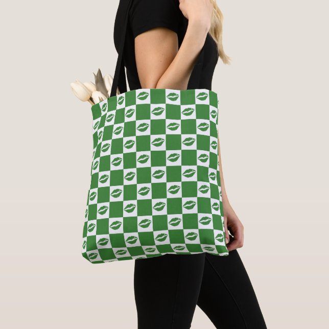 Checkered Green and White Lips Clover Pattern Tote Bag (Close Up)