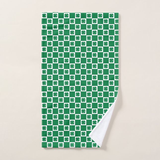Checkered Green and White Shamrock Clover Pattern Hand Towel (Hand Towel)