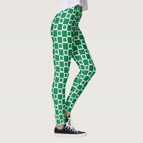 Checkered Green and White Shamrock Clover Pattern Leggings