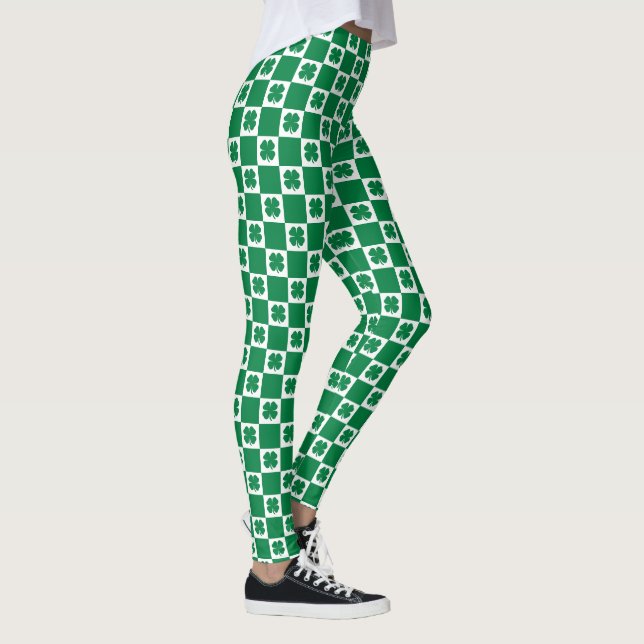 Checkered Green and White Shamrock Clover Pattern Leggings (Right)
