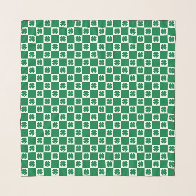 Checkered Green and White Shamrock Clover Pattern  Scarf (Front)