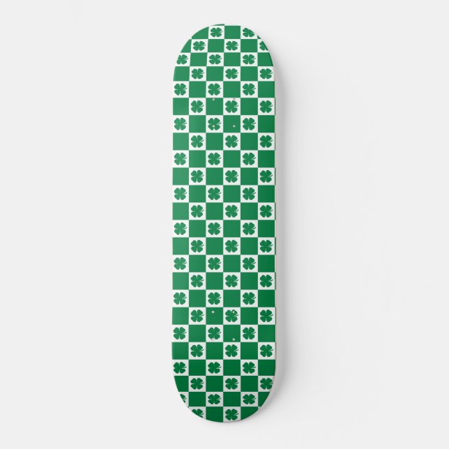 Checkered Green and White Shamrock Clover Pattern Skateboard (Front)