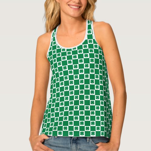 Checkered Green and White Shamrock Clover Pattern Tank Top