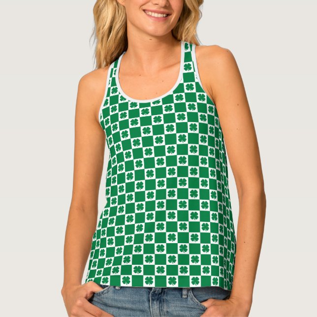 Checkered Green and White Shamrock Clover Pattern Tank Top (Front)