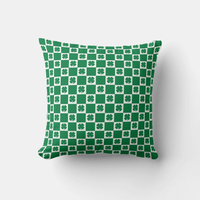 Checkered Green and White Shamrock Clover Pattern Throw Pillow (Front)