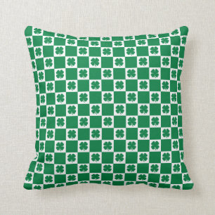 Checkered Green and White Shamrock Clover Pattern Throw Pillow