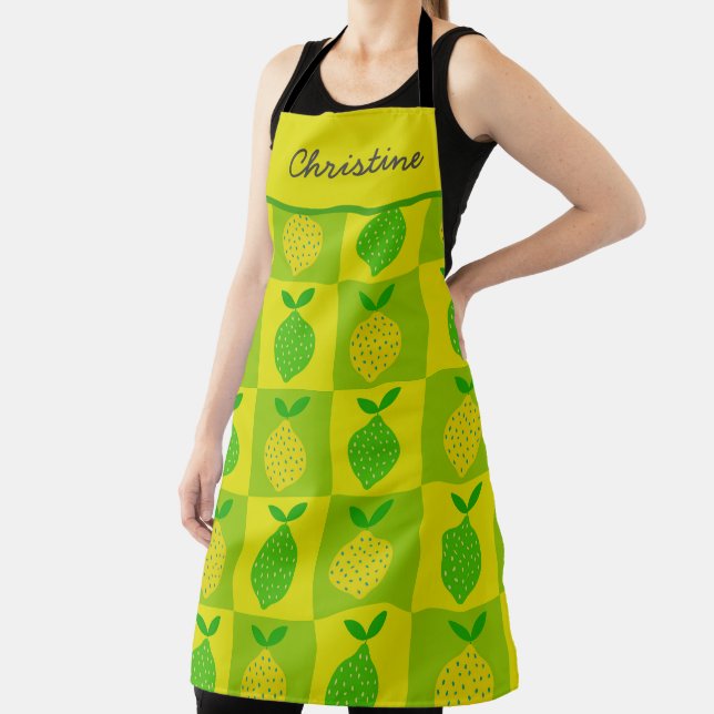 Checkered Green and Yellow Lemons Custom Name  Apron (Insitu)