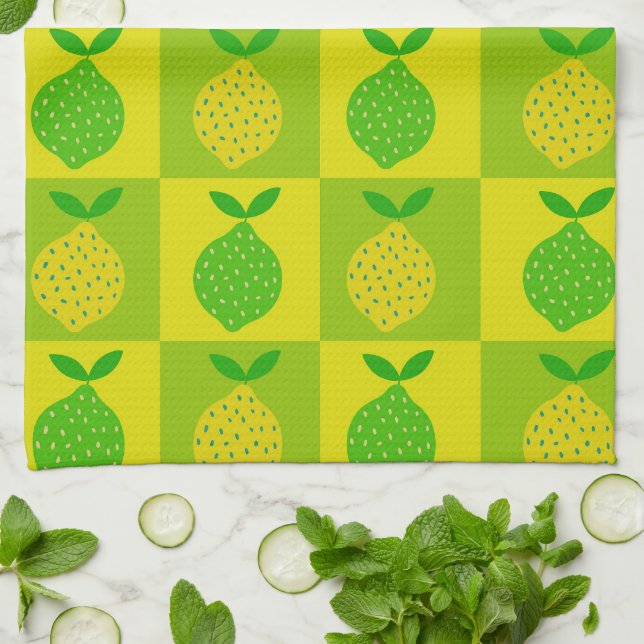 Checkered Green and Yellow Lemons Pattern Kitchen Towel (Folded)