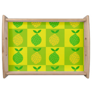 Checkered Green and Yellow Lemons Pattern Serving Tray
