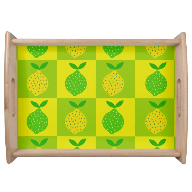 Checkered Green and Yellow Lemons Pattern Serving Tray (Front)