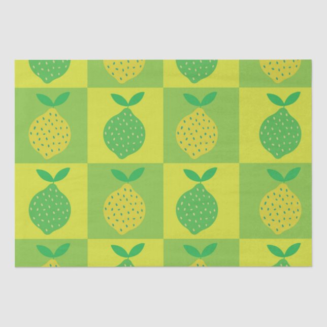Checkered Green and Yellow Lemons Pattern Tissue Paper (Front)