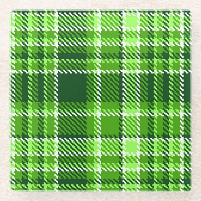 Checkered Green Color Pattern Glass Coaster (Front)