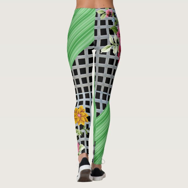 Checkered Green Floral White Leggings  (Back)