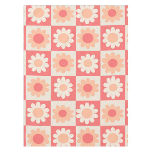 Checkered Groovy Peach Fuzz Retro Flowers Pattern Tablecloth