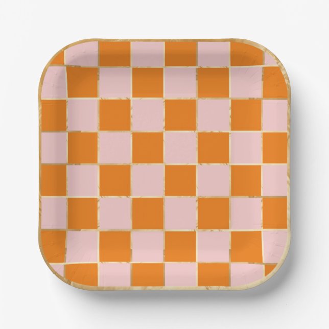 Checkered Halloween Orange Pink Paper Plates (Front)
