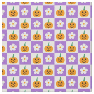 Checkered Halloween Pumpkins and Retro Flowers Fabric
