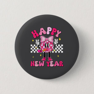 Checkered Happy New Year 2026 Disco Ball New Year  Button