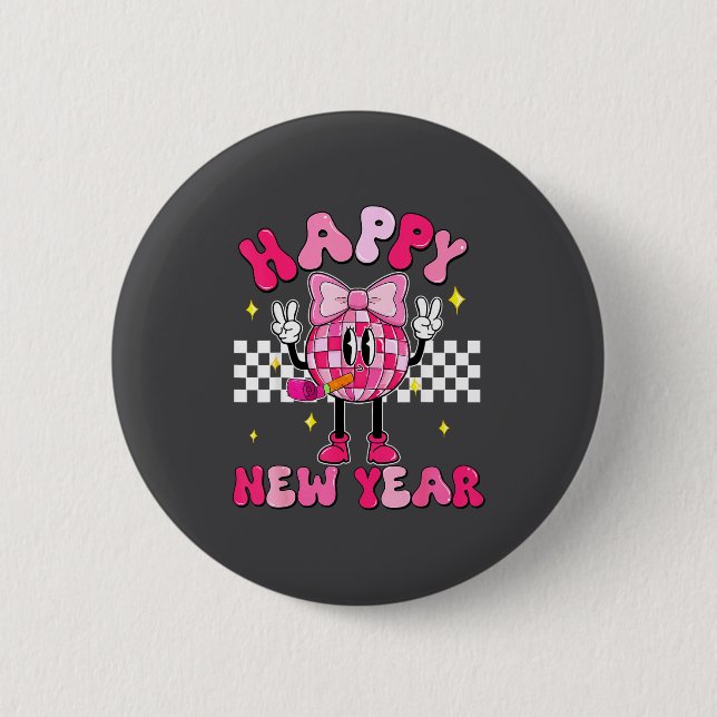 Checkered Happy New Year 2026 Disco Ball New Year  Button (Front)