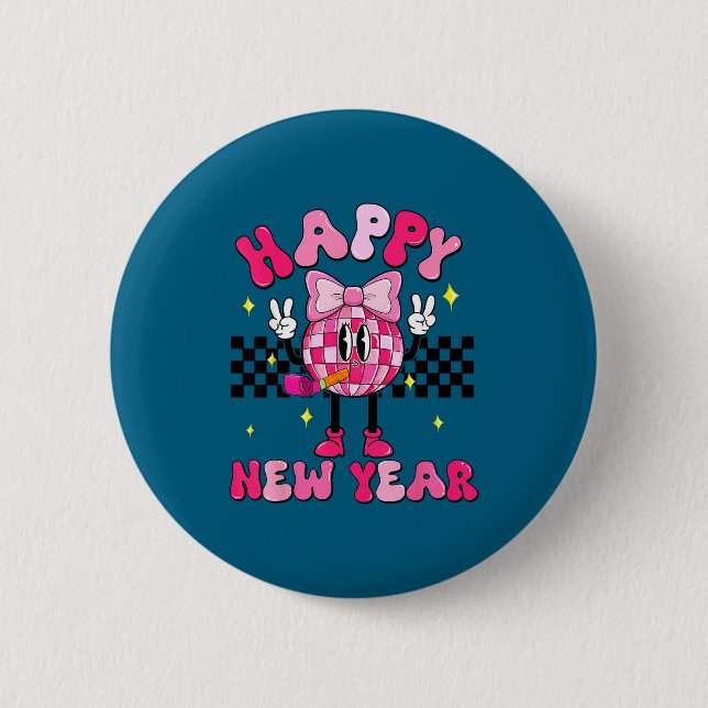 Checkered Happy New Year 2026 Disco Ball New Year  Button (Front)