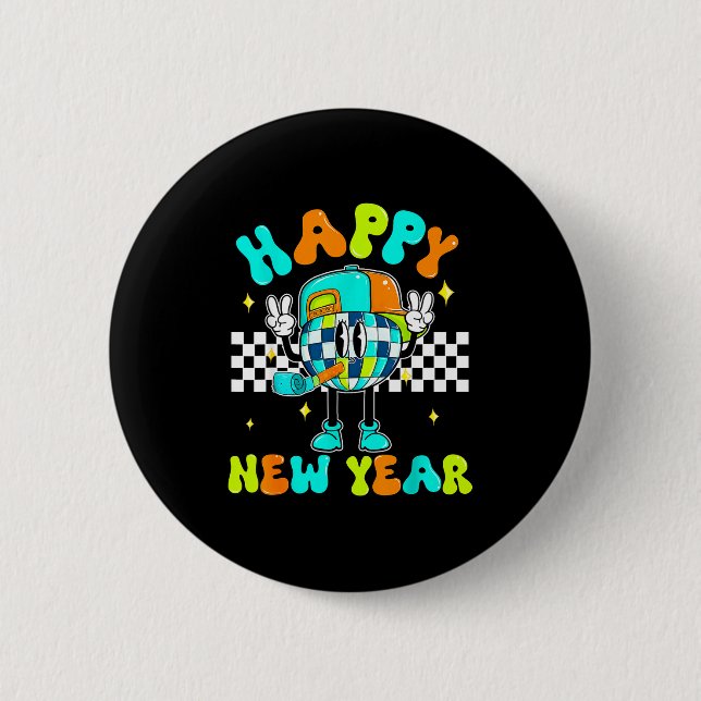 Checkered Happy New Year 2026 Disco Ball New Year  Button (Front)