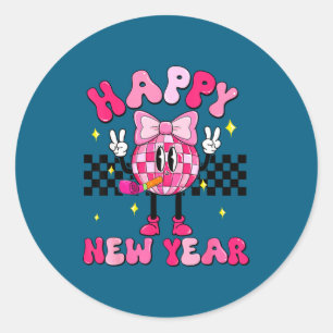 Checkered Happy New Year 2026 Disco Ball New Year Classic Round Sticker