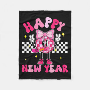Checkered Happy New Year 2026 Disco Ball New Year Fleece Blanket