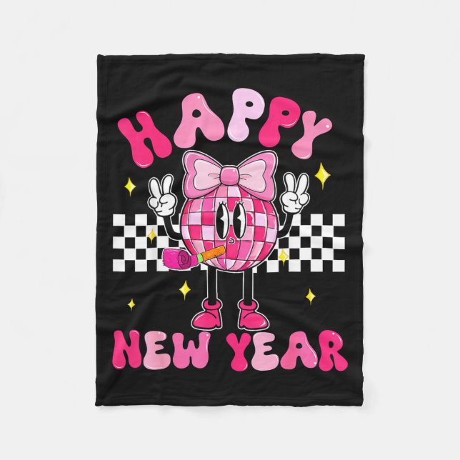 Checkered Happy New Year 2026 Disco Ball New Year  Fleece Blanket (Front)