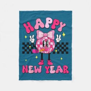 Checkered Happy New Year 2026 Disco Ball New Year Fleece Blanket