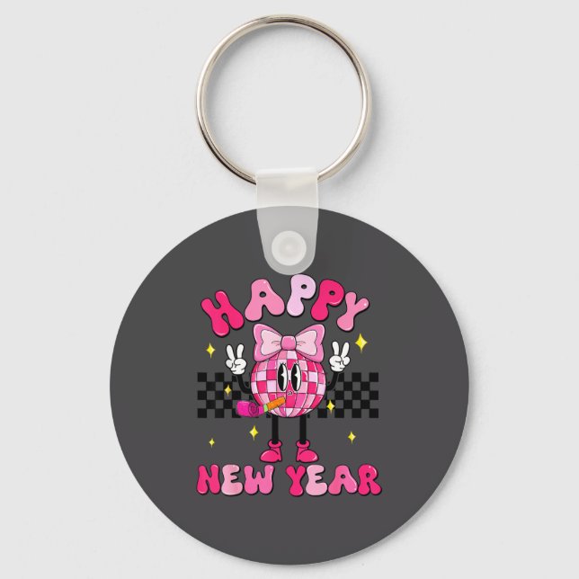 Checkered Happy New Year 2026 Disco Ball New Year  Keychain (Front)