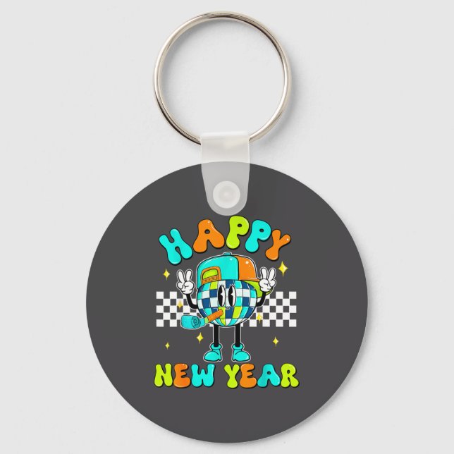 Checkered Happy New Year 2026 Disco Ball New Year  Keychain (Front)