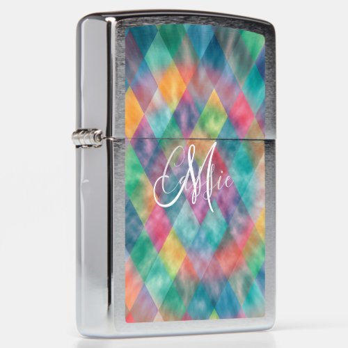 Checkered Harlequin Pale Rainbow Monogram Name Zippo Lighter