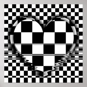 Checkered heart Op art black and white poster