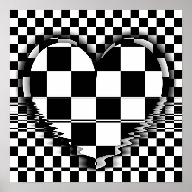 Checkered heart  Op art black and white  poster (Front)