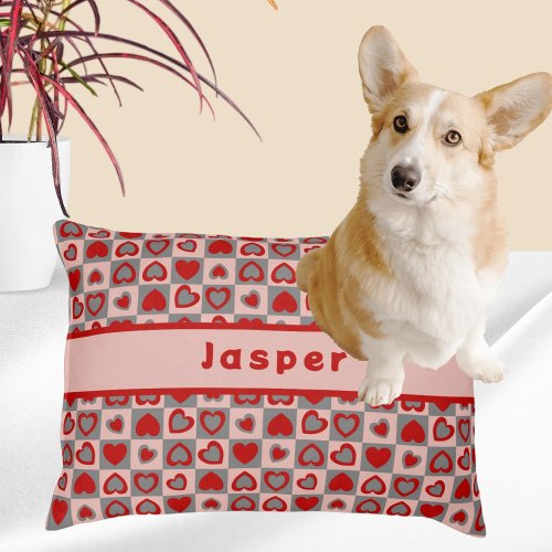 Checkered Heart Pattern Red Gray Custom Name Pet Bed