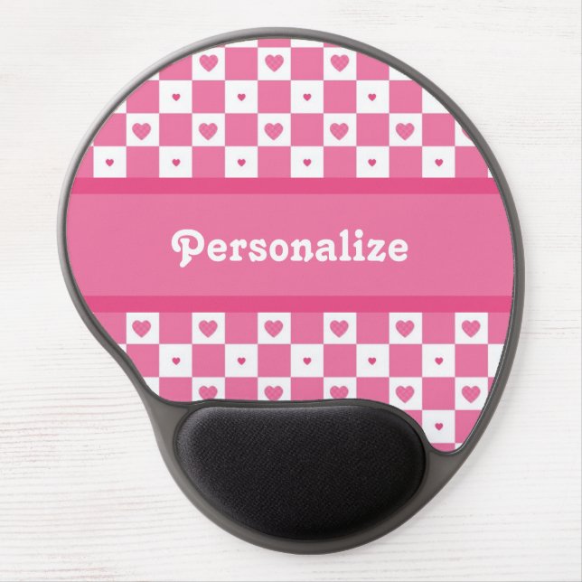 Checkered Heart Squares Pattern Pink and Whtie Gel Mouse Pad (Front)