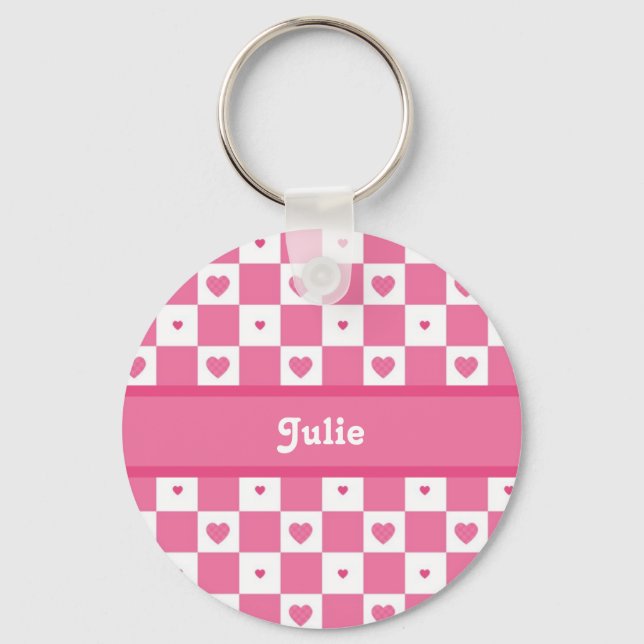 Checkered Heart Squares Pattern Pink and Whtie Keychain (Front)