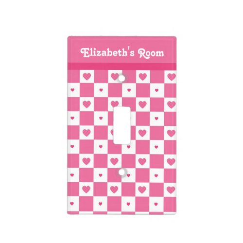 Checkered Heart Squares Pattern Pink and Whtie Light Switch Cover