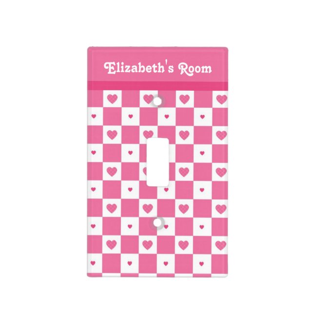 Checkered Heart Squares Pattern Pink and Whtie Light Switch Cover (Front)