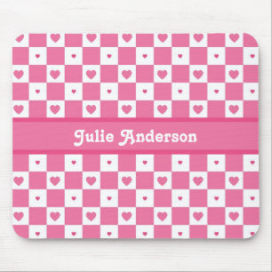 Checkered Heart Squares Pattern Pink and Whtie Mouse Pad