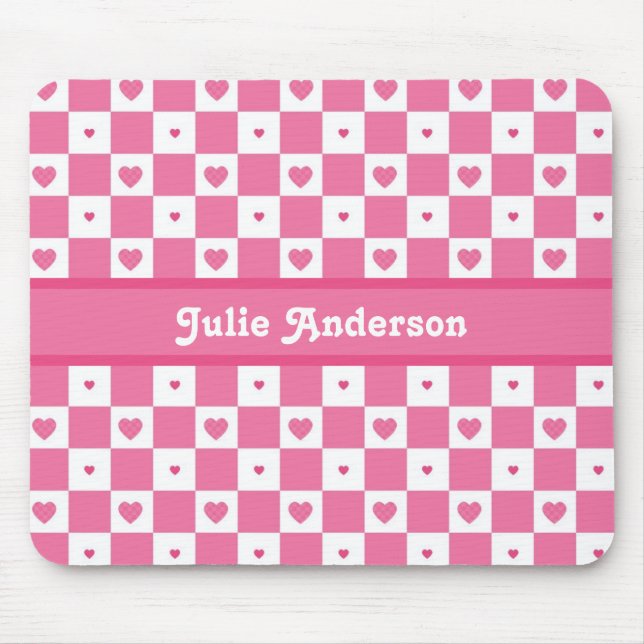 Checkered Heart Squares Pattern Pink and Whtie Mouse Pad (Front)