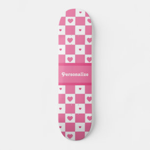 Checkered Heart Squares Pattern Pink and Whtie Skateboard