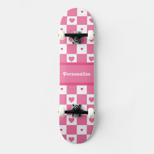 Checkered Heart Squares Pattern Pink and Whtie Skateboard (Front)