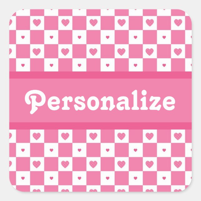 Checkered Heart Squares Pattern Pink and Whtie Square Sticker (Front)