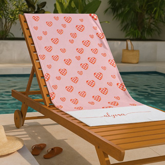 Checkered Heart Valentine Conquette Script Name Beach Towel (Creator Uploaded)